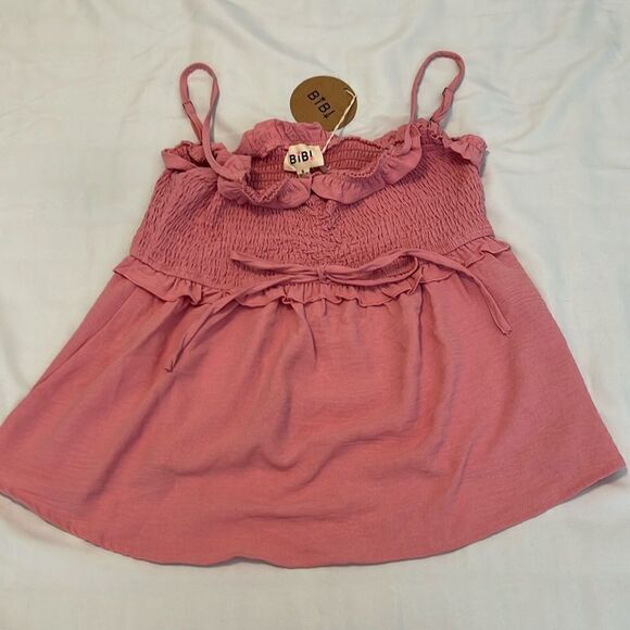 BiBi NWT SzS pink ruffle trim elastic bodice adjustable spaghetti straps top - Picture 3 of 8
